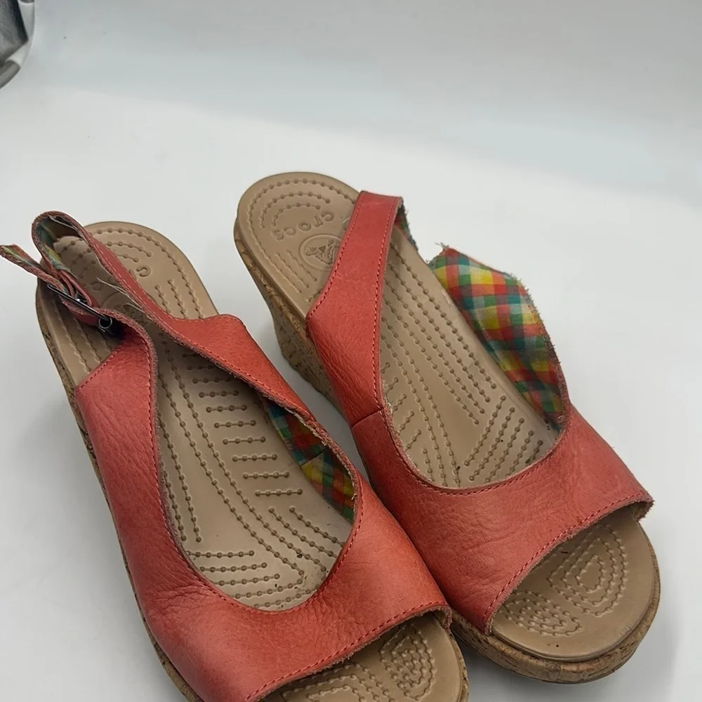 Crocs A-Leigh Sandals Womens 10 Coral Leather  Cork Wedge Slingback Shoes